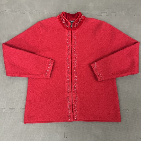 Vintage Alexandra Bartlett Wool Cardigan Red Embroidered Beaded Sweater Small FS - Picture 5 of 12